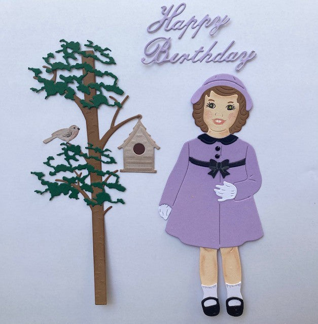 Petite fille (mauve) avec oiseau
