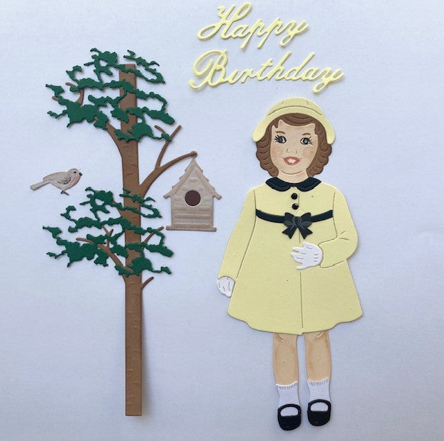 Petite fille (jaune) avec oiseau