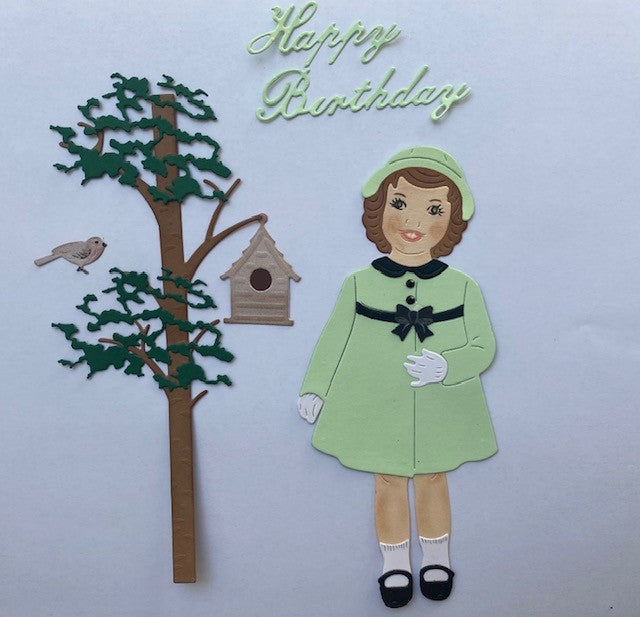 Petite fille (verte) avec oiseau